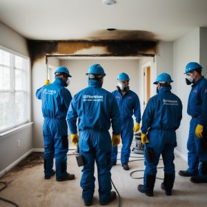 A team of professionals in protective gear assess and clean up asbestos mold and fire damage in a residential home.

En grupp av yrkesverksamma i skyddsutrustning bedömer och sanerar asbest mögel och brandskador i ett bostadshus