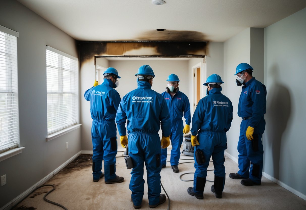 A team of professionals in protective gear assess and clean up asbestos mold and fire damage in a residential home.

En grupp av yrkesverksamma i skyddsutrustning bedömer och sanerar asbest mögel och brandskador i ett bostadshus